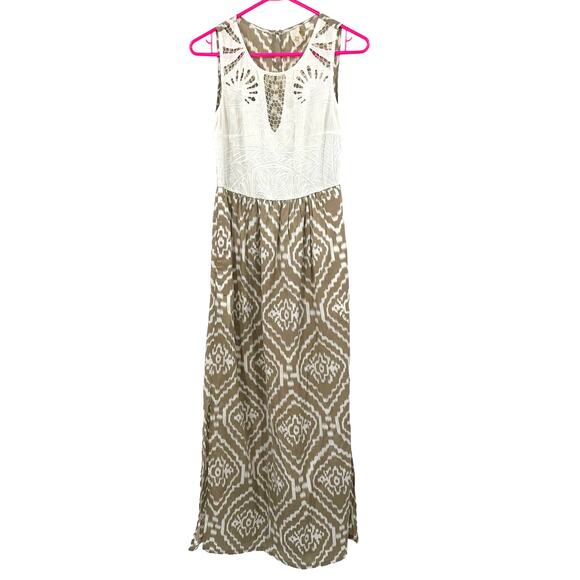 Anthropologie Size 0 Sleeveless Lace Embroidered Maxi Dress Tan & White Pattern - Picture 1 of 9
